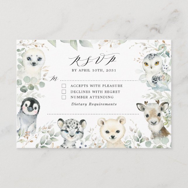 Winter Sage Arctic Animals Baby Shower RSVP Card (Front)