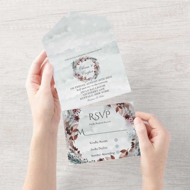 Winter Sage Brown Rustic Foliage Wedding All In One Invitation (Tearaway)