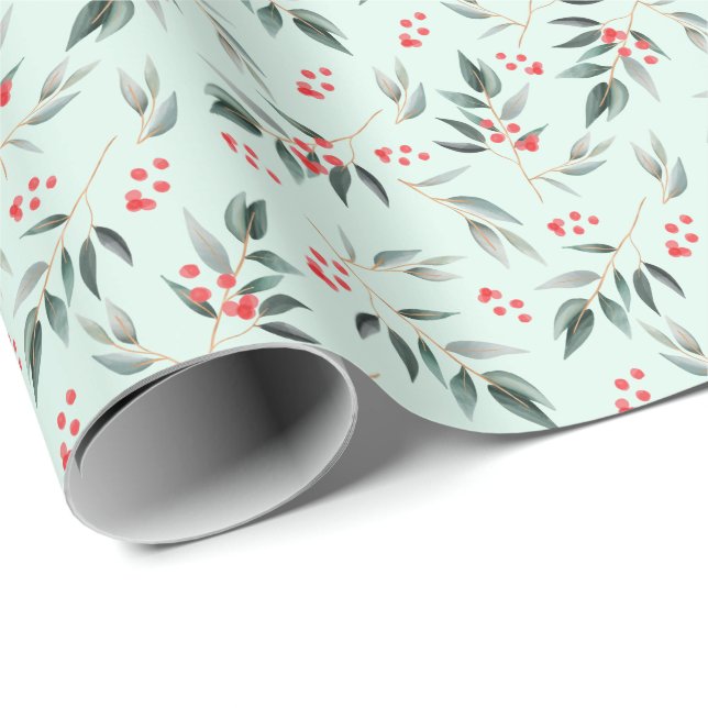 Winter Sage Foliage Greenery & Red Berry Christmas Wrapping Paper (Roll Corner)