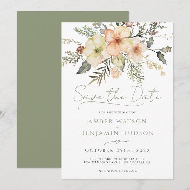 Winter Sage Green Christmas Floral Save The Date Invitation (Front/Back)