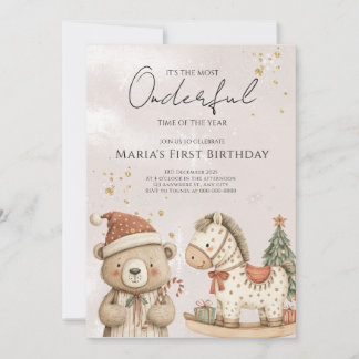 Winter Santa Bear Christmas Houses Birthday Invitation