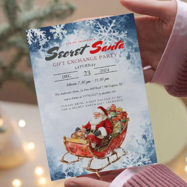 Winter Santa Sleigh Secret Santa Christmas Party Invitation (Creator Uploaded)