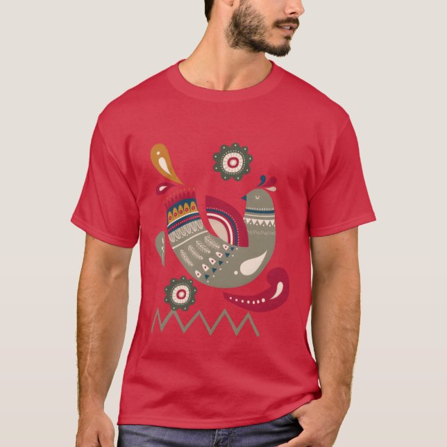 Winter Scandinavian Bird Ethnic Style vintage T-Shirt (Front)