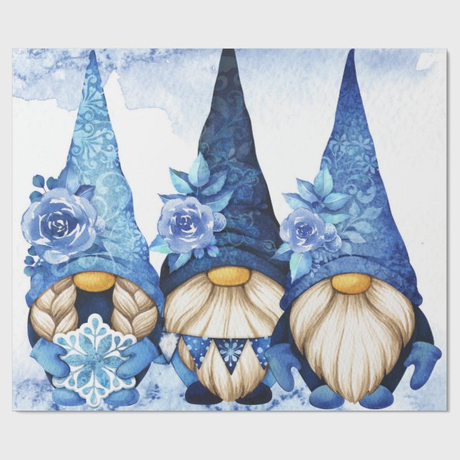 Winter Scandinavian Gnomes with Blue Peony Wrapping Paper (Flat)