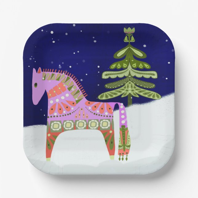 Winter Scandinavian Horse 7-inch Paper Plate (Front)