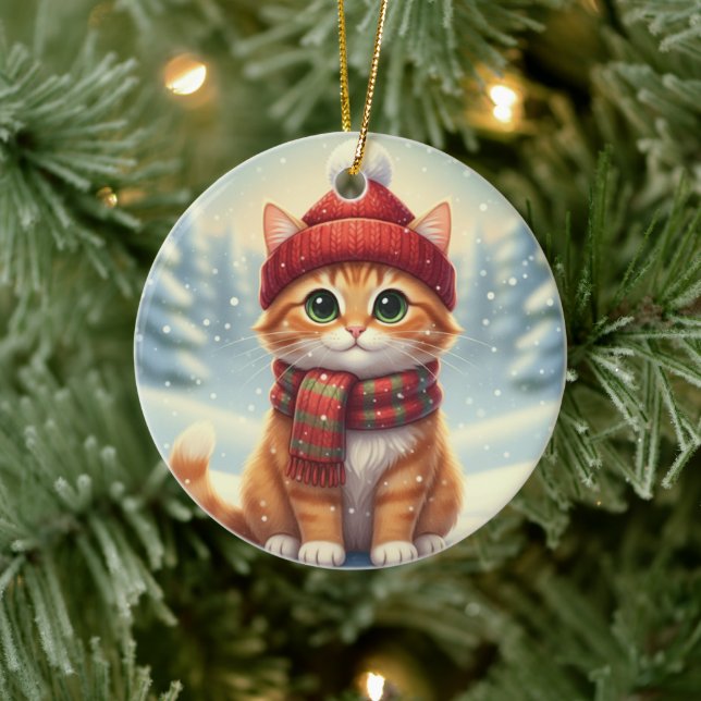 Winter Scarf Cat Christmas Cat with Plaid Scarf Ceramic Tree Decoration (Tree)