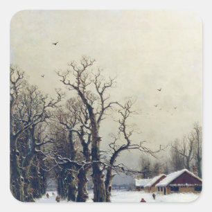 Winter scene, 19th century square sticker