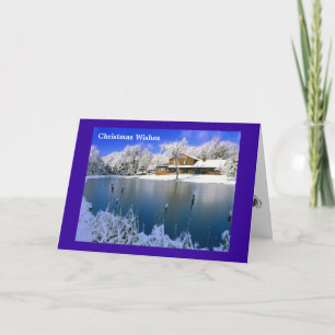 Winter scene, a house by the lake holiday card