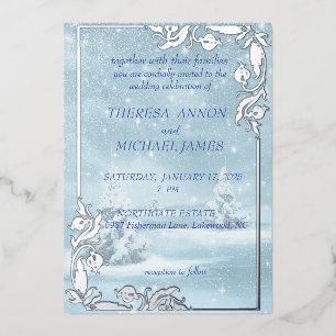 Winter Scene All In Blue With Snow and Pine Trees