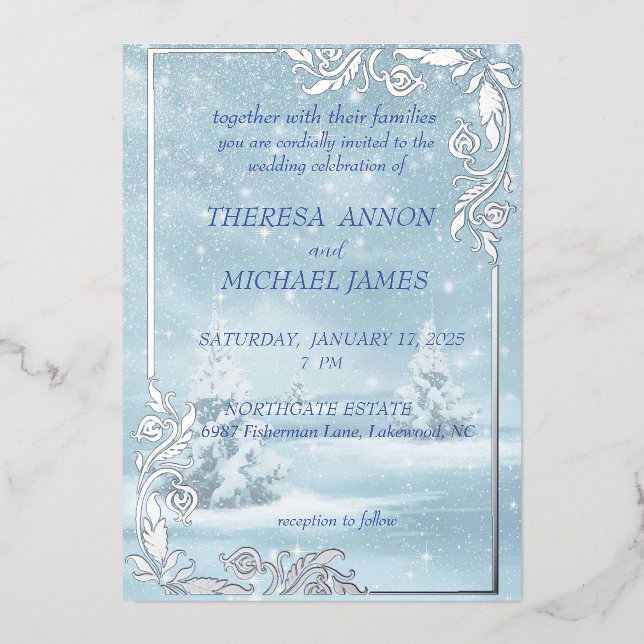 Winter Scene All In Blue With Snow and Pine Trees (Front)