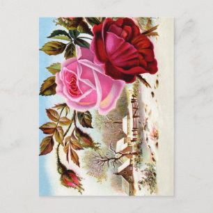 Winter Scene and Flowers Postcard