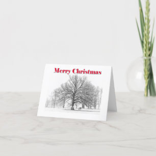 Winter Scene Christmas Card White Bow (Folded)