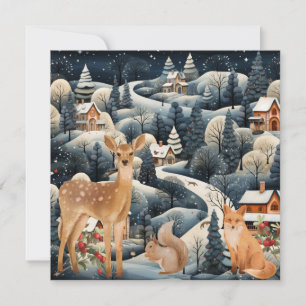 Winter Scene Christmas Woodland Animals Flat Thank You Card