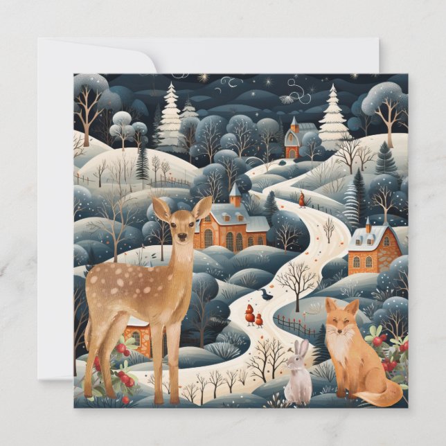  Winter Scene Christmas Woodland Animals  Thank You Card (Front)