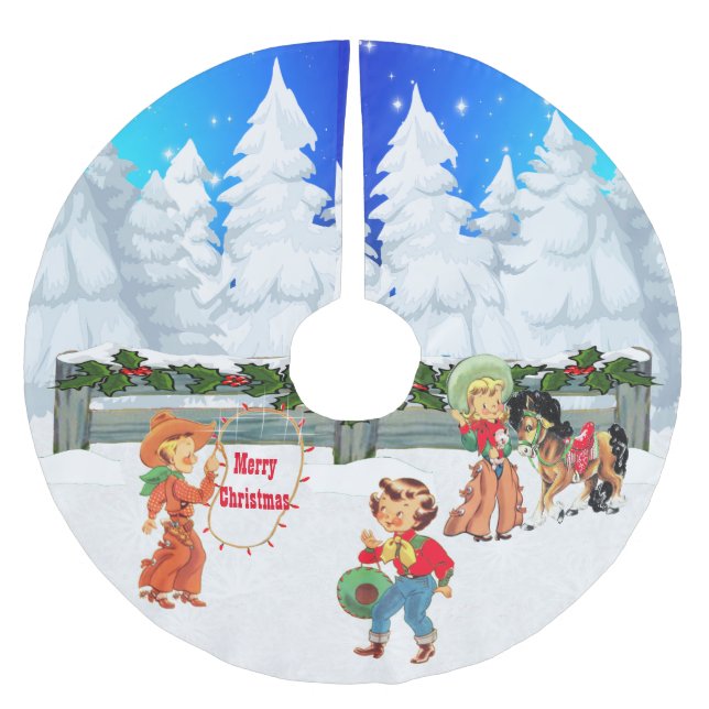 Winter Scene Cowboy Cowgirl Kids Horse Rope Lights Brushed Polyester Tree Skirt (Front)