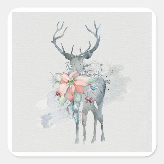 Winter Scene Deer Poinsettias Watercolor Nature Square Sticker (Front)
