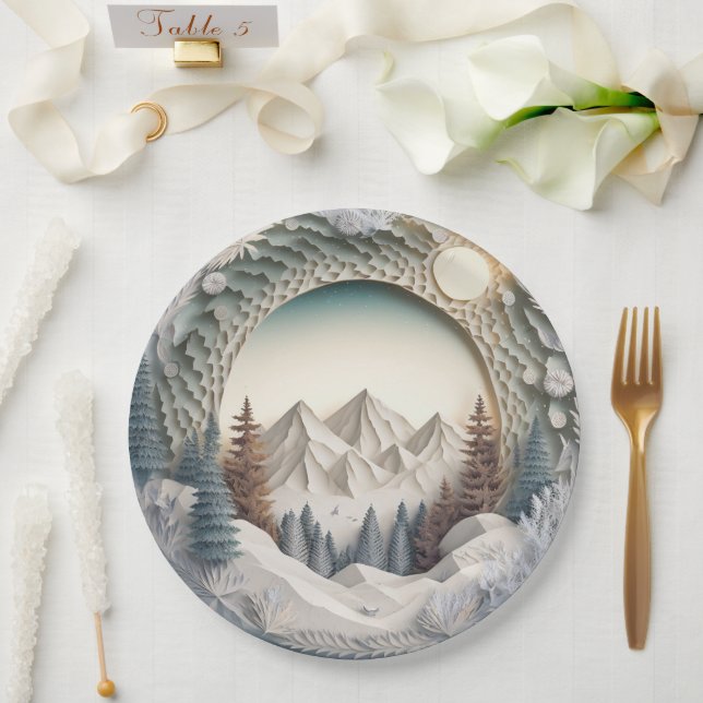 Winter Scene Holiday Christmas 3D Look Party Paper Paper Plate (Wedding)