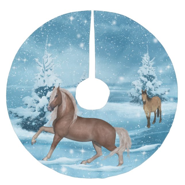 Winter Scene Horses Snow  And Trees 3 Brushed Polyester Tree Skirt (Front)