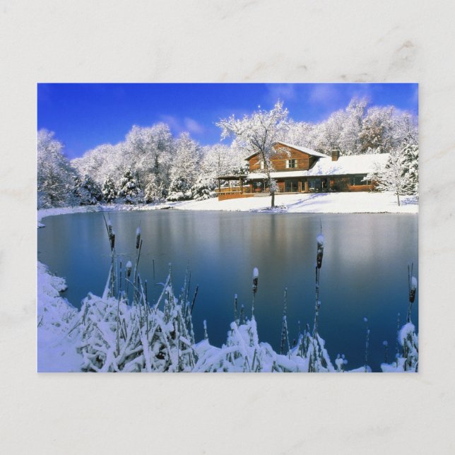 Winter scene, house by the lake postcard (Front)