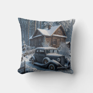 Winter Scene of a Snowy Cabin in the Woods Cushion