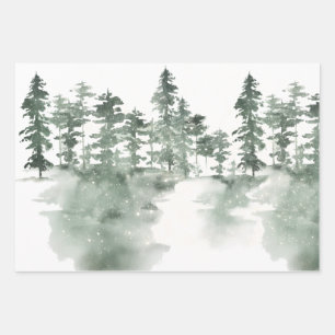 Winter Scene of Snowy Green and Gray Pines Wrapping Paper Sheet