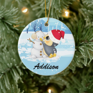 Winter Scene Penguin And Snowman With Name Ceramic Tree Decoration