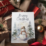 Winter Scene Snowman Christmas Holiday Card<br><div class="desc">Watercolor Winter Scene,  Christmas Card. Features,  forest trees and festive holiday snowman with dark navy blue typography and backing colour.</div>