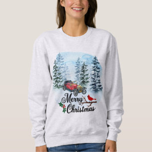 Winter Scene Vintage Car and Red Cardinal Sweatshirt
