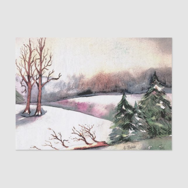 Winter Scene Watercolor Tissue Paper (Front)