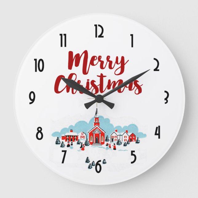 Winter Scene with a Red Church and Christmas Star Large Clock (Front)