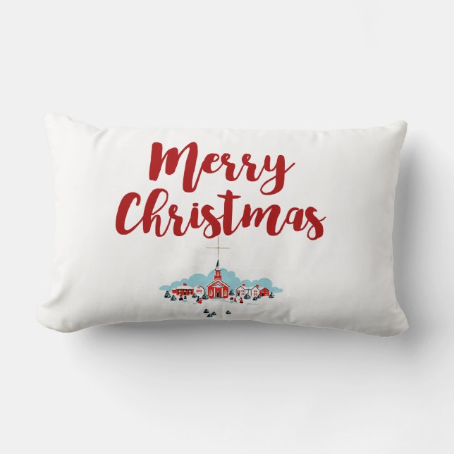 Winter Scene with a Red Church and Christmas Star Lumbar Cushion (Front)