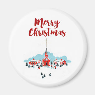 Winter Scene with a Red Church and Christmas Star Magnet