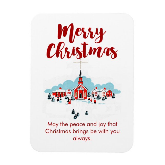Winter Scene with a Red Church and Christmas Star Magnet (Vertical)
