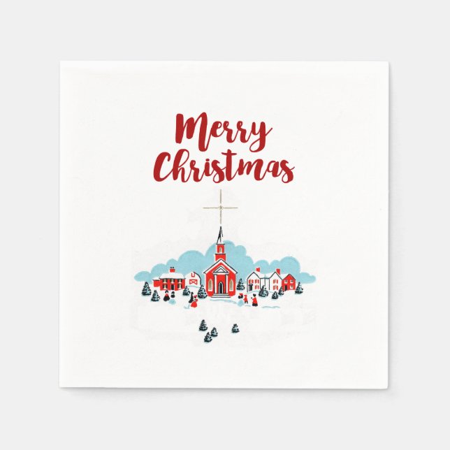 Winter Scene with a Red Church and Christmas Star Napkin (Front)