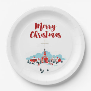 Winter Scene with a Red Church and Christmas Star Paper Plate
