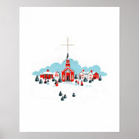 Winter Scene with a Red Church and Christmas Star