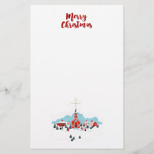 Winter Scene with a Red Church and Christmas Star Stationery