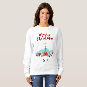 Winter Scene with a Red Church and Christmas Star Sweatshirt