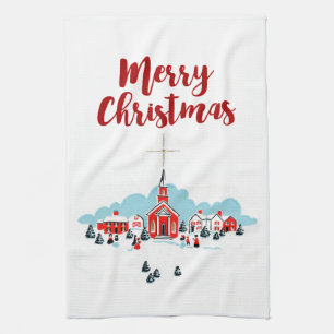 Winter Scene with a Red Church and Christmas Star Tea Towel