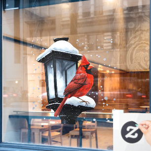 Winter-Scene with Cardinal-Bird Atop A Street-Lant Window Cling