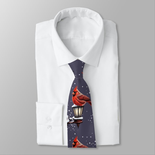 Winter Scene With Cardinal Bird Holiday Christmas Tie (Tied)