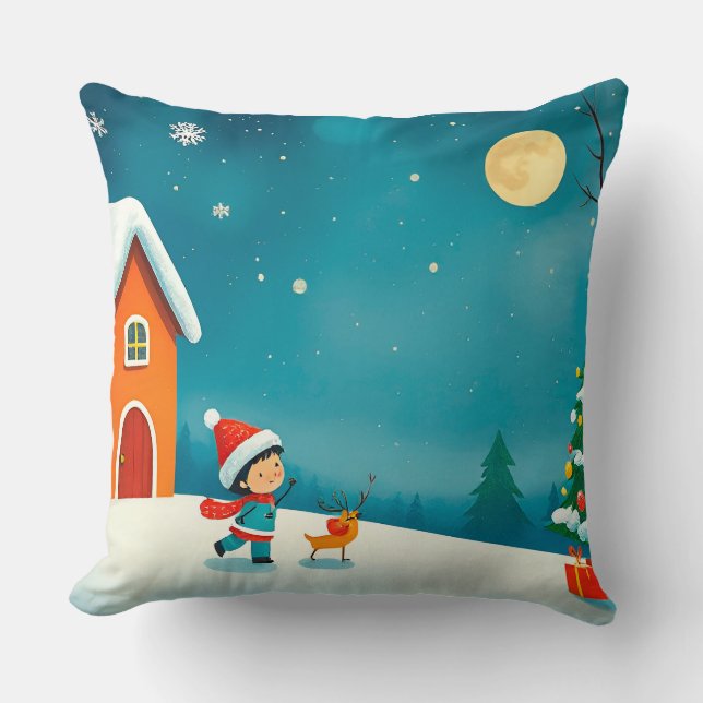 Winter Scene with Child, Reindeer, Christmas Tree Cushion (Front)