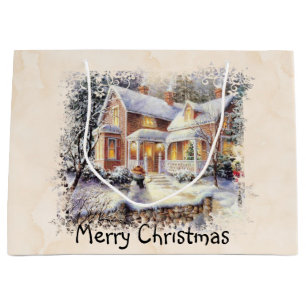 Winter Scene with Cottage and Snowman Large Gift Bag