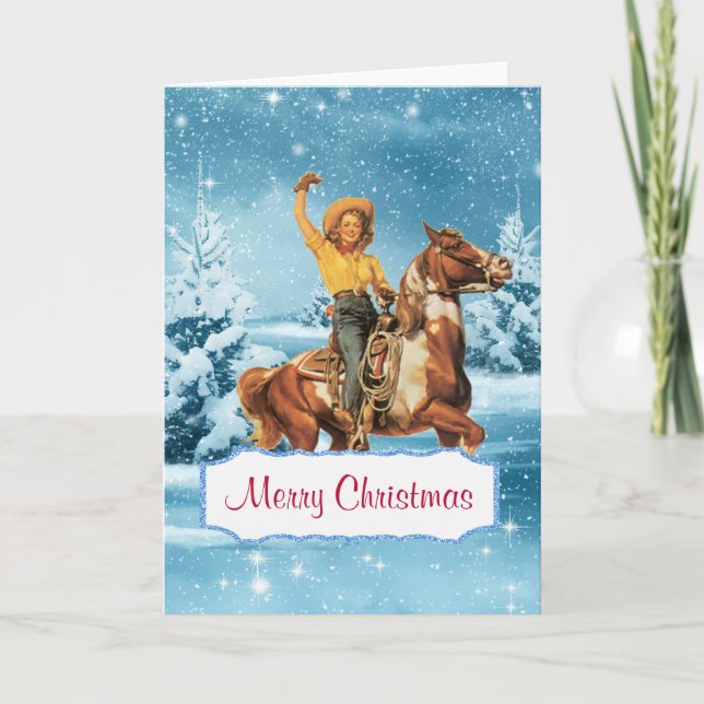 Winter Scene With Cowgirl and Horse Christmas Card (Front)