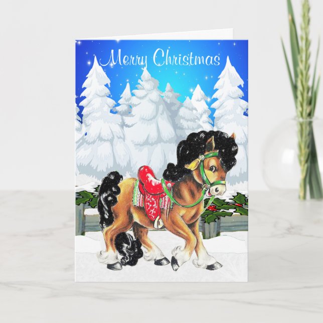 Winter Scene With Horse And Fence Merry Christmas Holiday Card (Front)