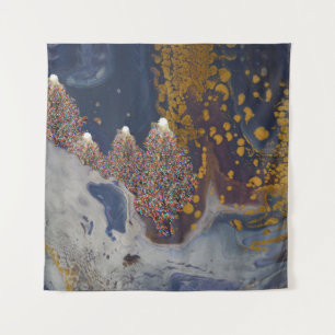 Winter Scene with Lit Trees Merry Christmas Tapestry