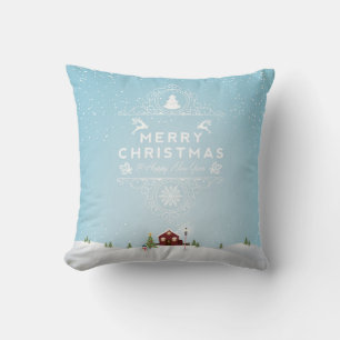 Winter Scene with Red Cabin Christmas Throw Pillow