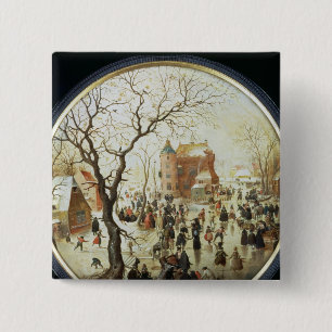 Winter Scene with Skaters near a Castle 15 Cm Square Badge