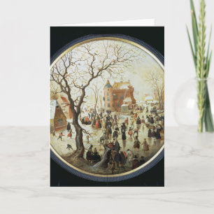 Winter Scene with Skaters near a Castle Holiday Card