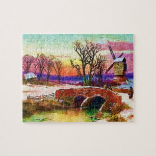 Winter Scene with Windmill and Stone Bridge Art Jigsaw Puzzle